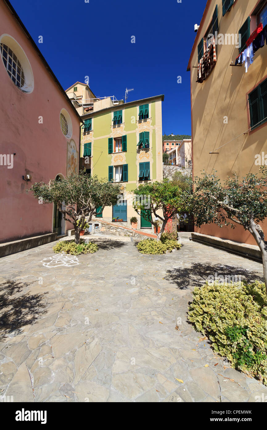 Piazzetta con pavimentazione in pietra e olivi in Sori, Liguria, Italia Foto Stock