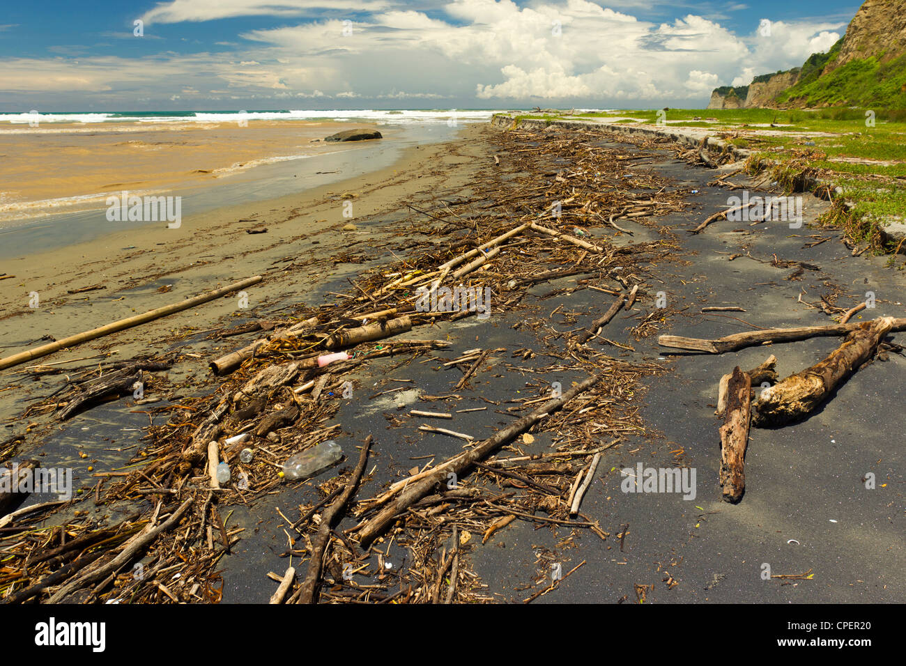 Driftwood e rifiuti in plastica su una spiaggia tropicale sulla costa del Pacifico in Ecuador Foto Stock