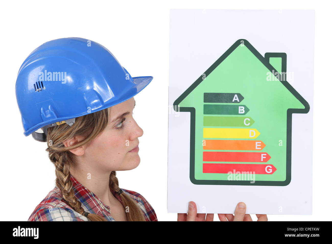 Housebuilder femmina con un valore nominale di energia segno Foto Stock