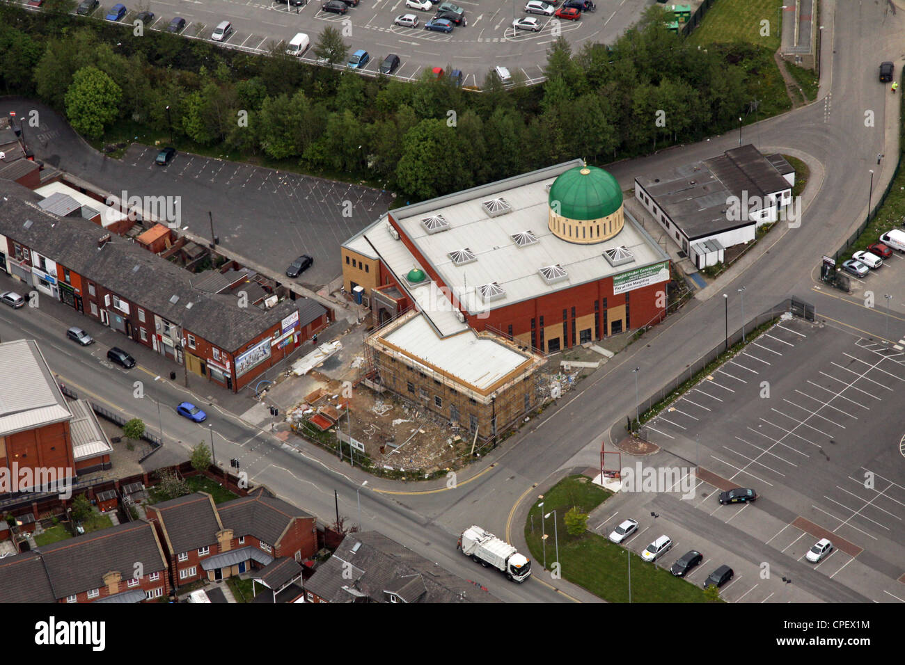 Vista aerea di una nuova moschea estensione in Oldham Foto Stock