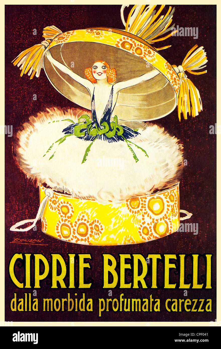 Ciprie Bertelli, 1921 poster per l'Italiano cipria, profumata morbida carezza, prorompente della sua scatola Foto Stock