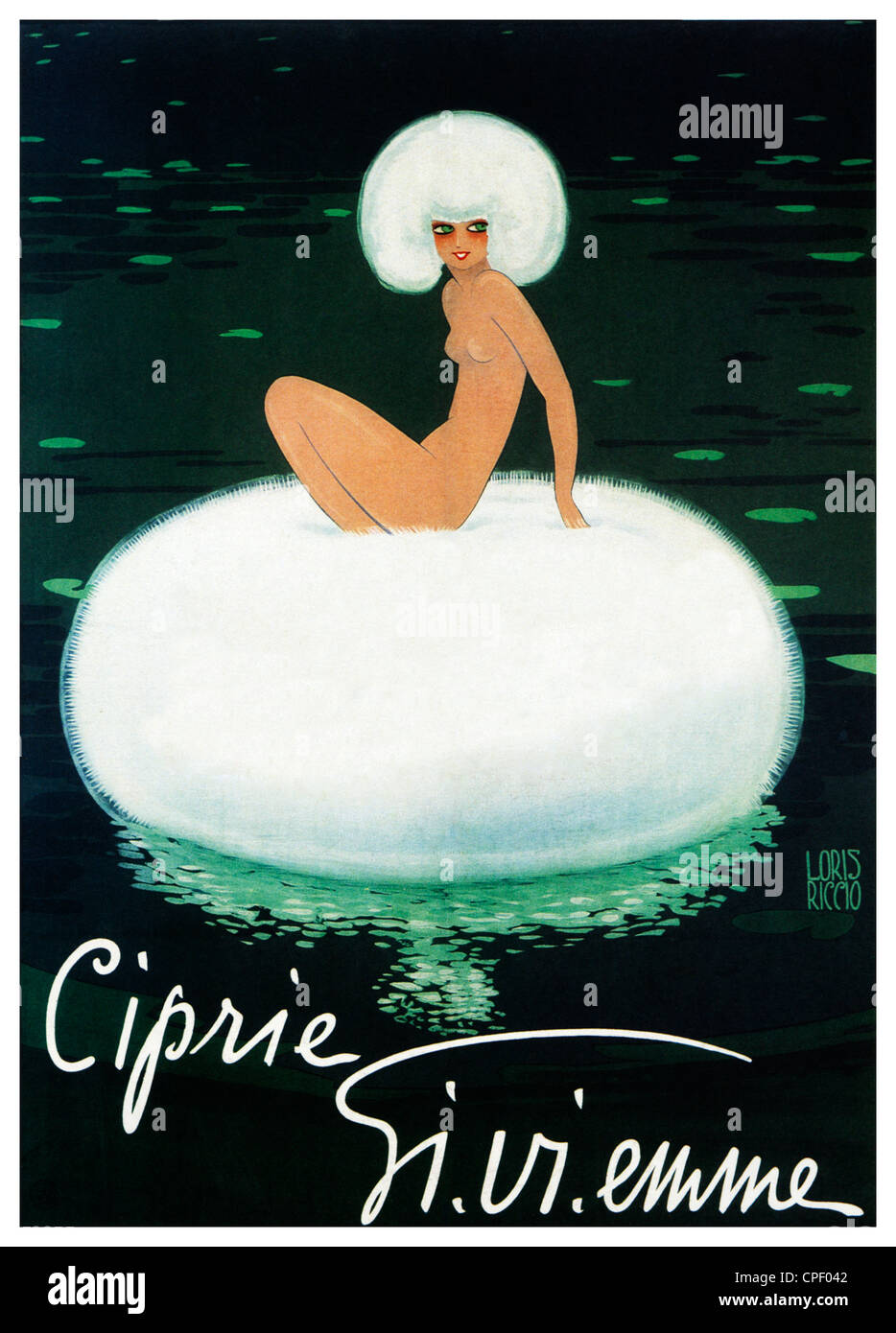 Ciprie Gi Vi Emme, 1920 Art Deco poster per la faccia italiana in polvere, pasta galleggiante su un laghetto di gigli Foto Stock