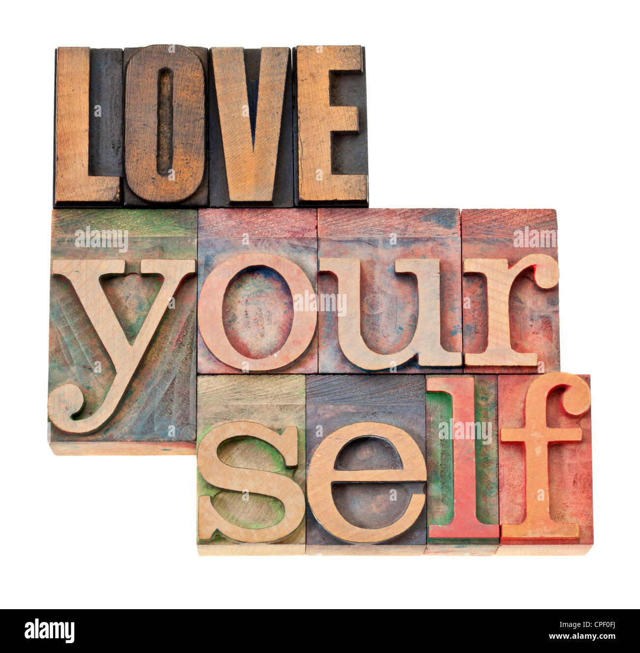 Ama te stesso - la stima di sé concetto - testo isolato in rilievografia vintage tipo legno Foto Stock