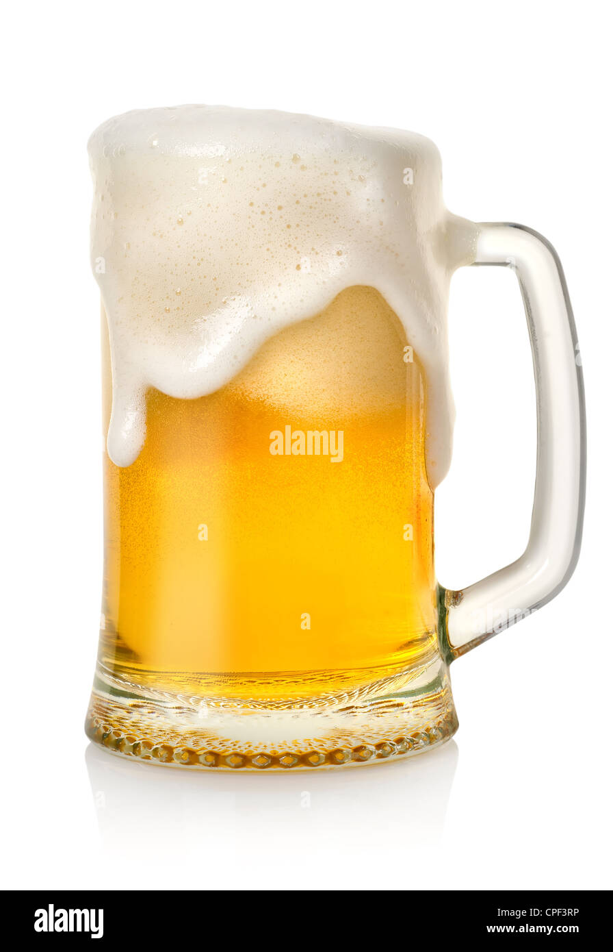 Boccale di birra con isolati su sfondo bianco Foto Stock