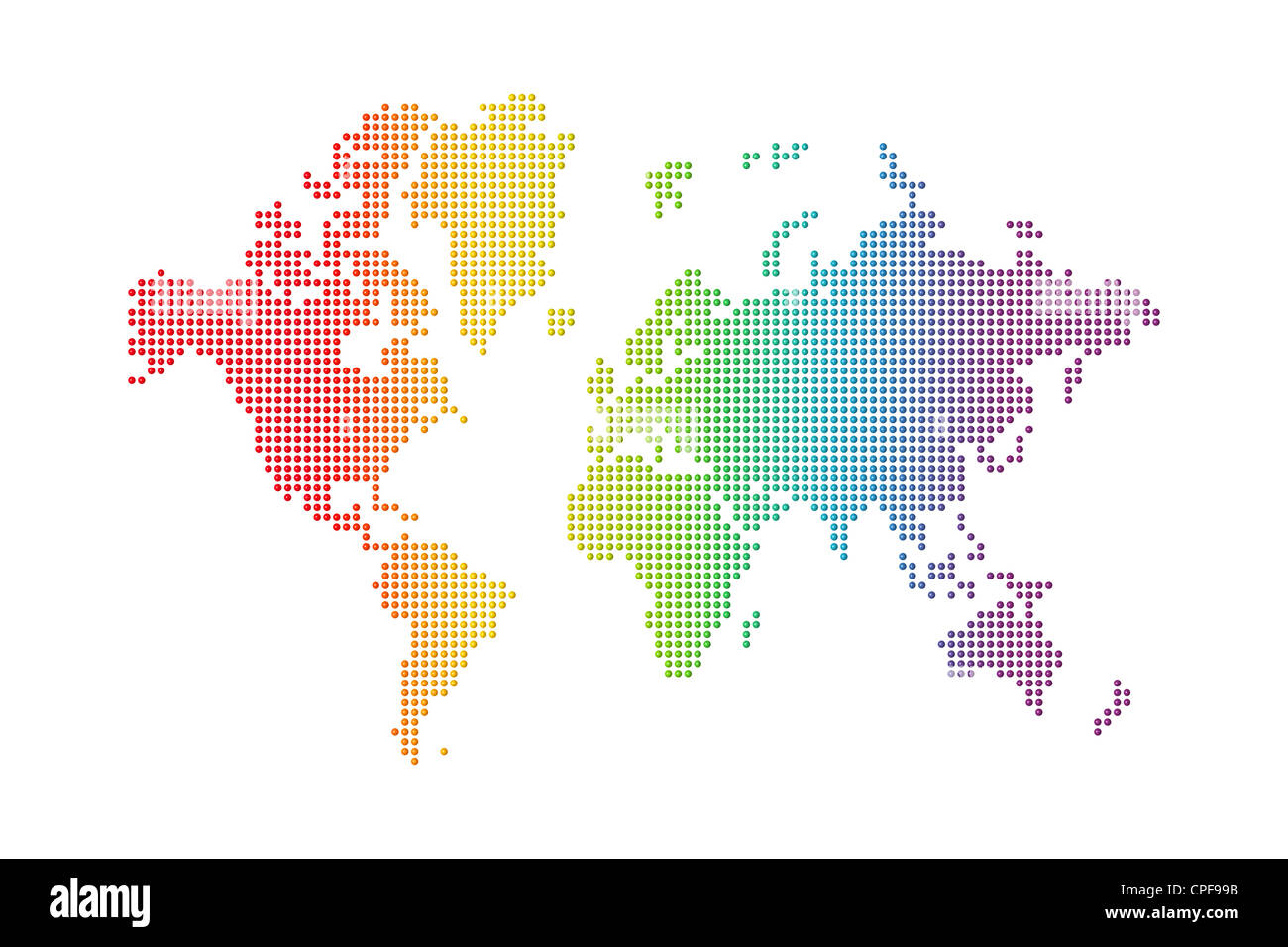 Rainbow spotted mappa del mondo su sfondo bianco Foto Stock