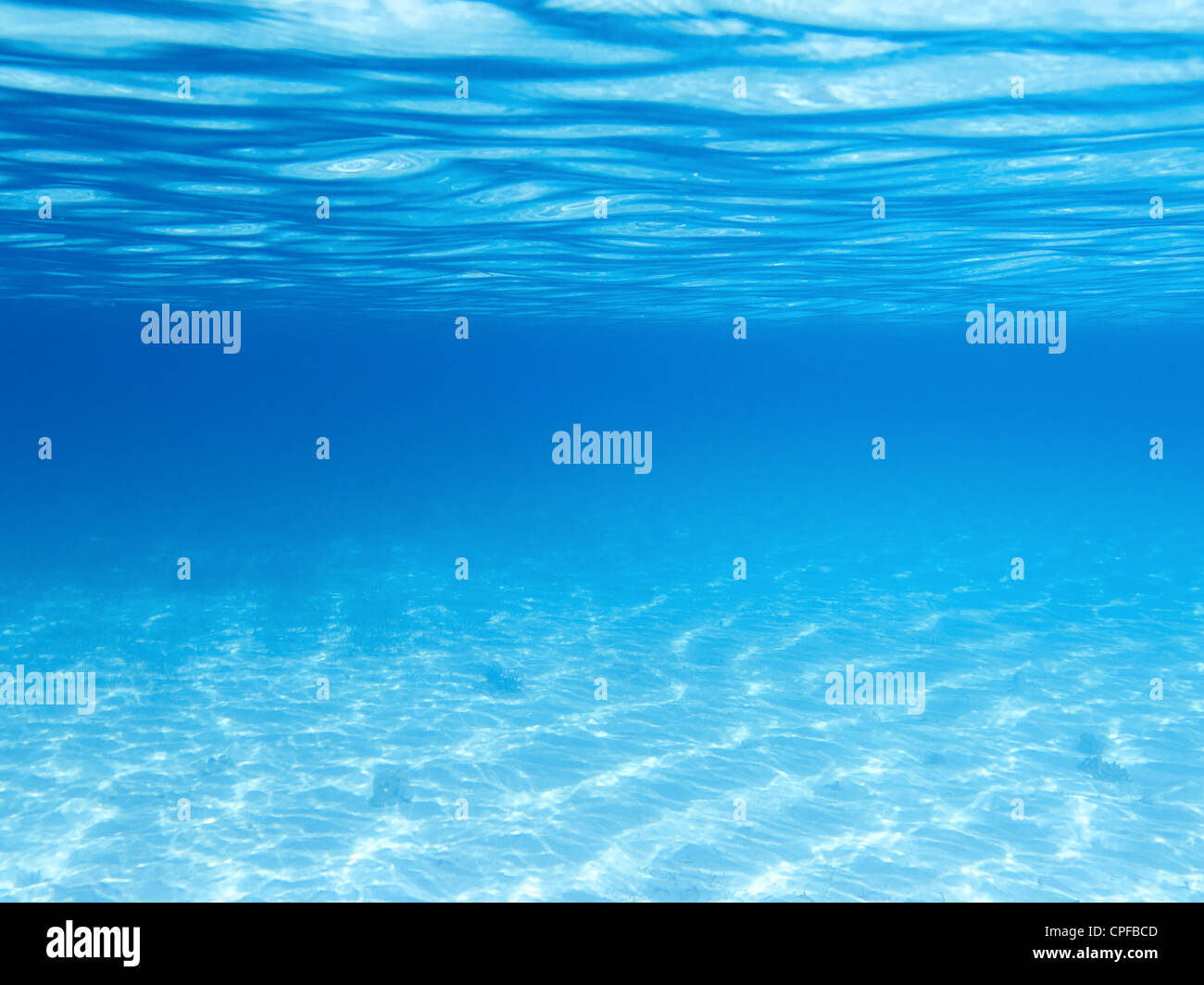 Parte inferiore sabbiosa, blu e la superficie subacquea Foto Stock