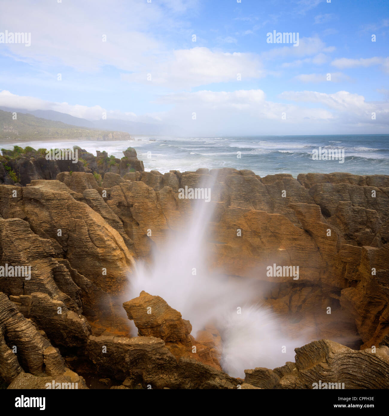 Blowhole Punakaiki costa ovest della Nuova Zelanda Foto Stock