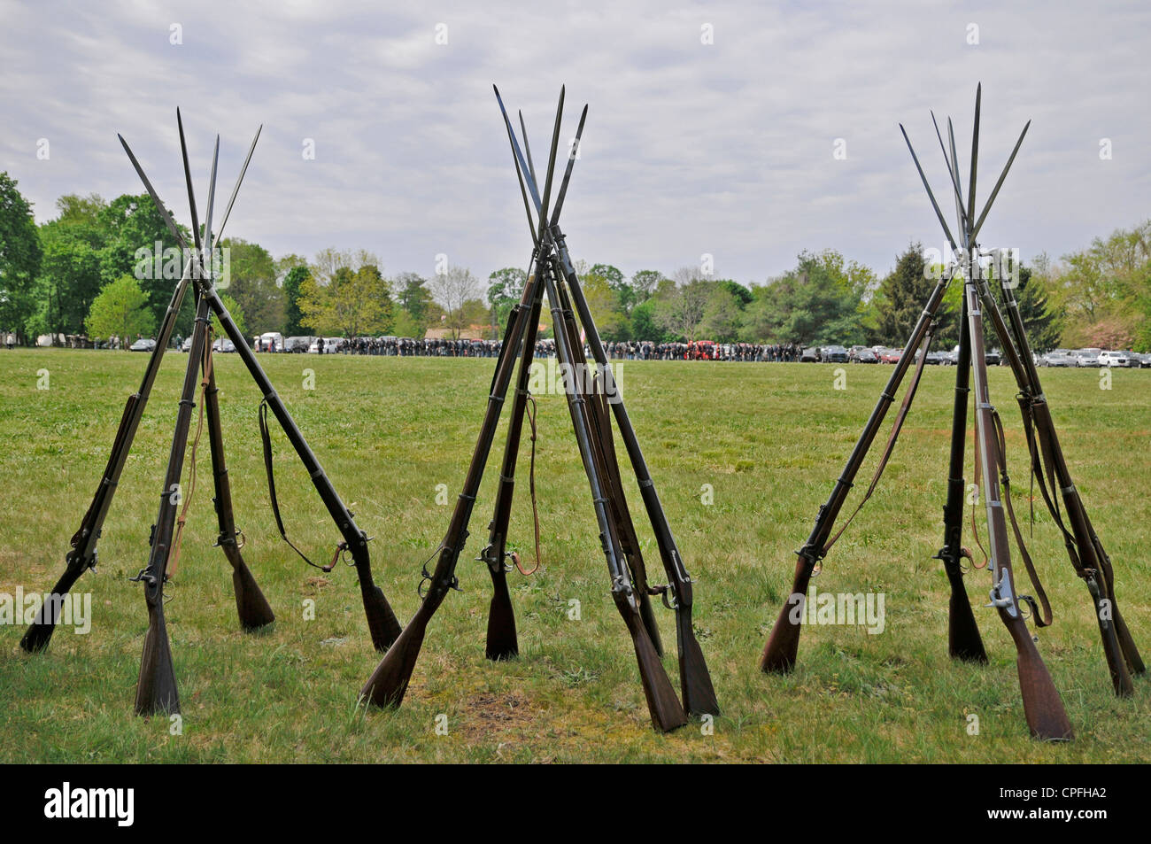 Fucili a canna rigata piramidi, guerra civile rievocazione storica , Bensalem, Pennsylvania, STATI UNITI D'AMERICA Foto Stock