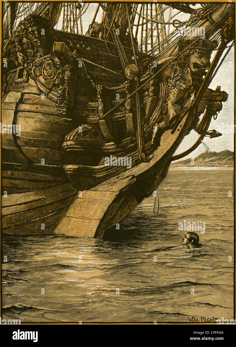 1910s bicromia incisione da Robinson Crusoe di Daniel Defoe: 'Ho esplorato un piccolo pezzo di corda.' illustrato da Walter Paget. Foto Stock