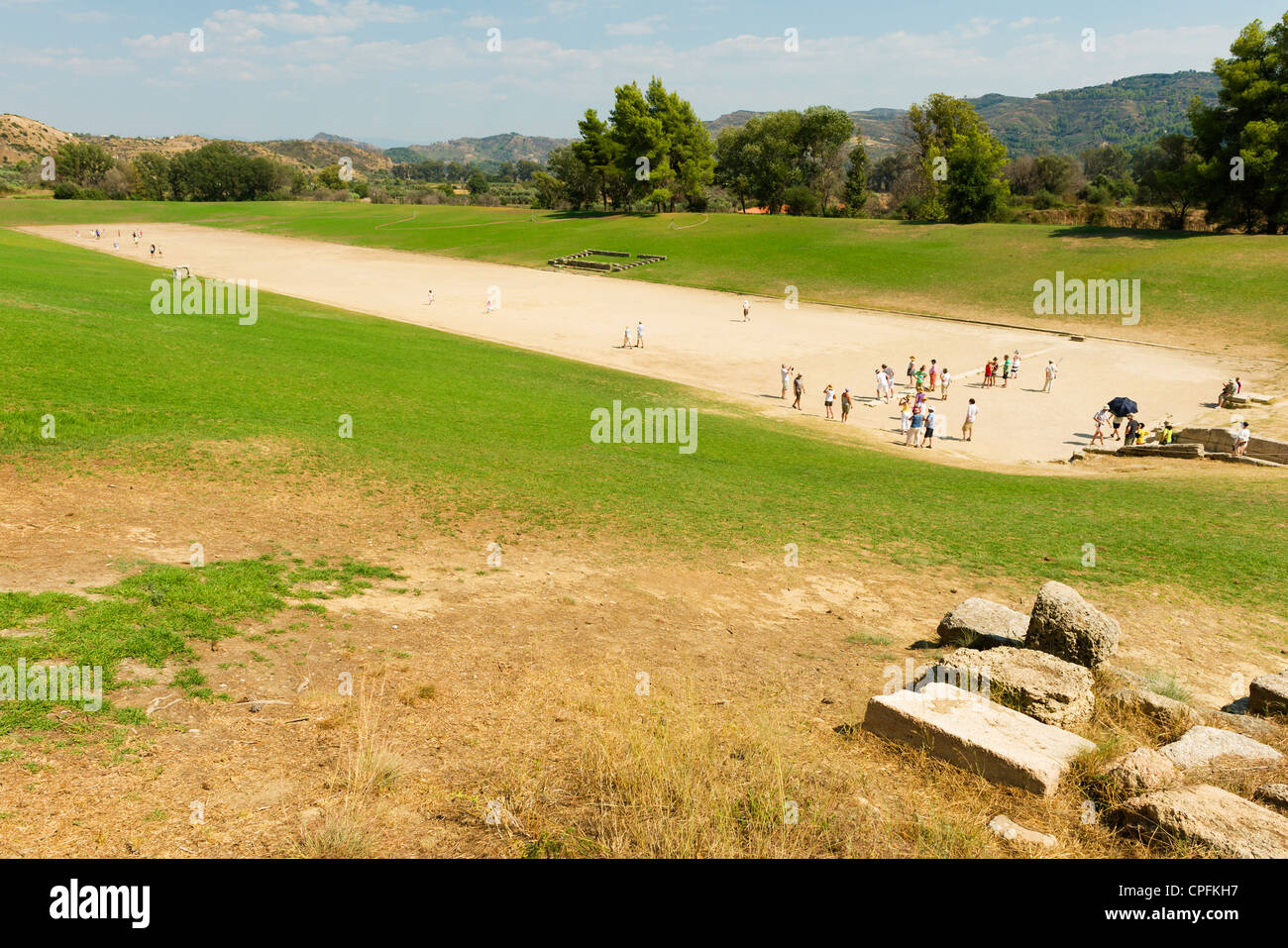 Stadio di Olympia, sito dei giochi olimpici antichi, penisola del Peloponneso, Grecia. Foto Stock