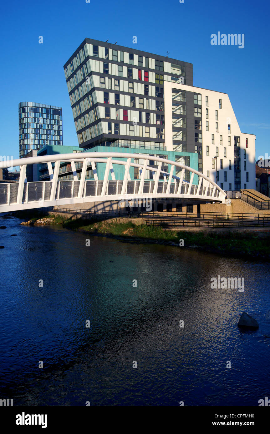 UK,South Yorkshire,Sheffield,Centro,Cinque sbarramenti a piedi,Moderno appartamento edifici per uffici e passerella sul fiume Don Foto Stock