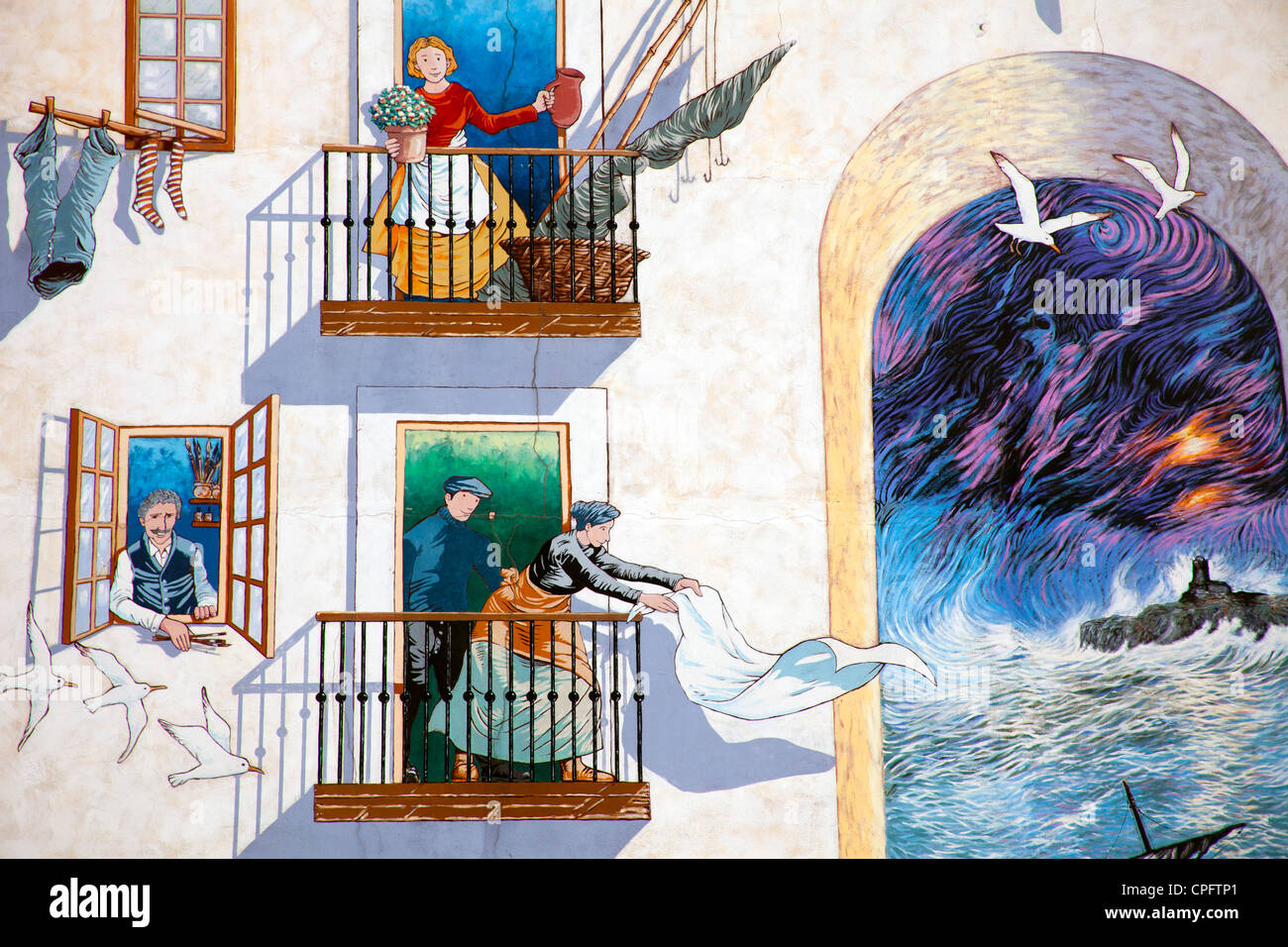 Arte Murale Sutileza con scene di pescatori Santander Cantabria Spagna Foto Stock