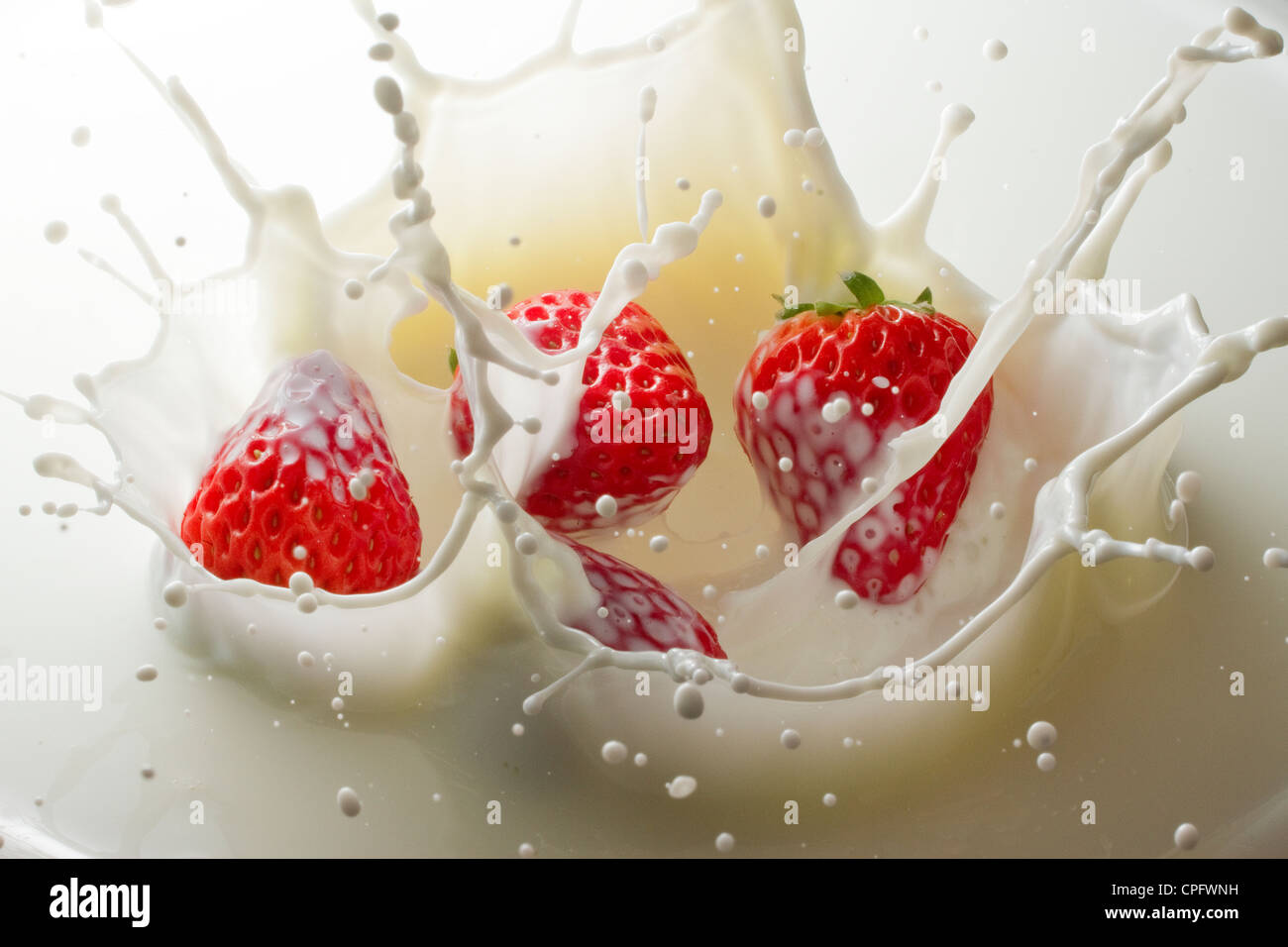 Fragola con gli spruzzi di latte Foto Stock