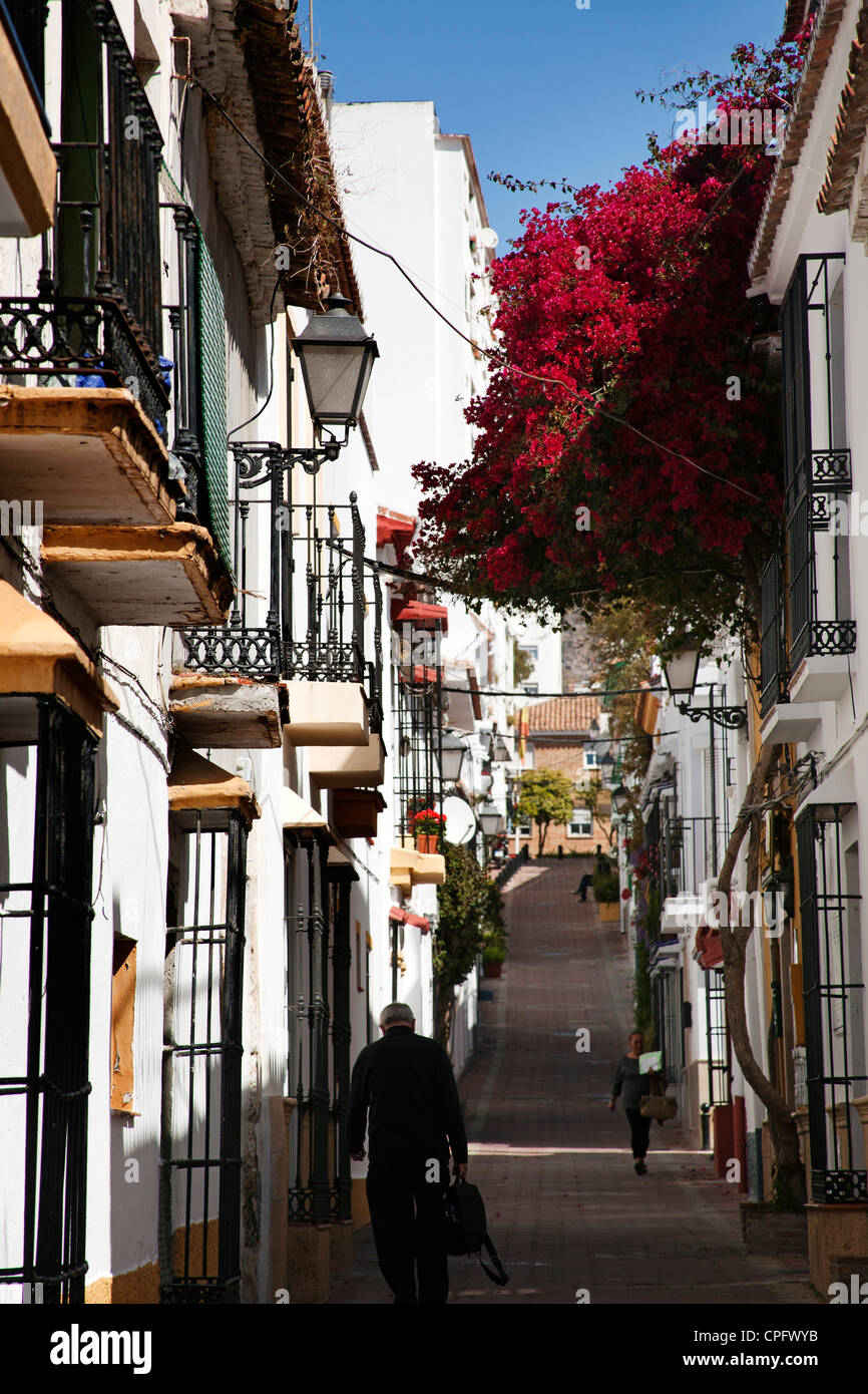 Tipica strada nella città vecchia di Marbella Malaga Costa del Sol Andalusia Spagna Foto Stock