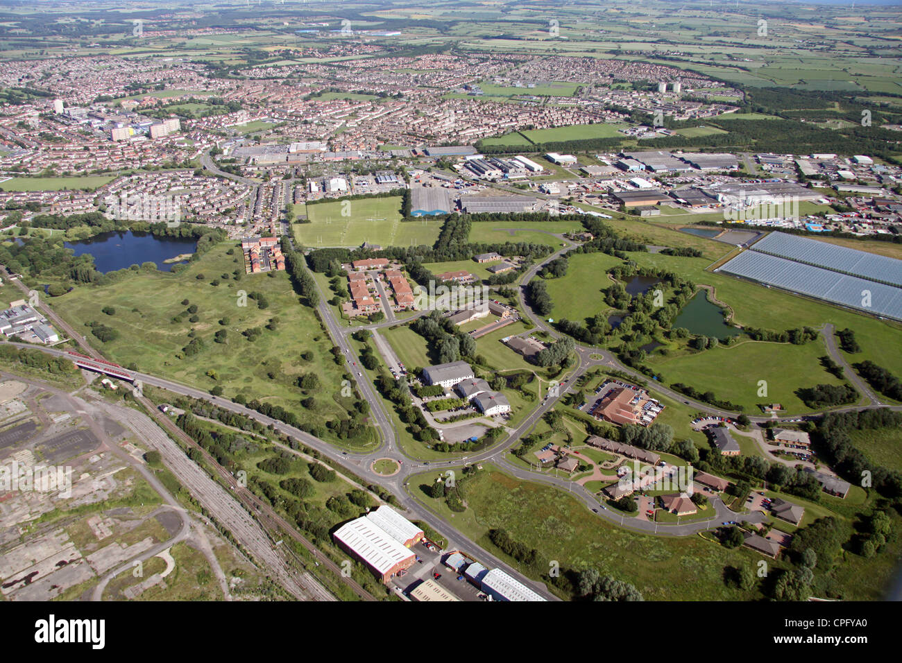 Veduta aerea di Belasis Court & Belasis Technology Park, Billingham vicino Middlesborough Foto Stock
