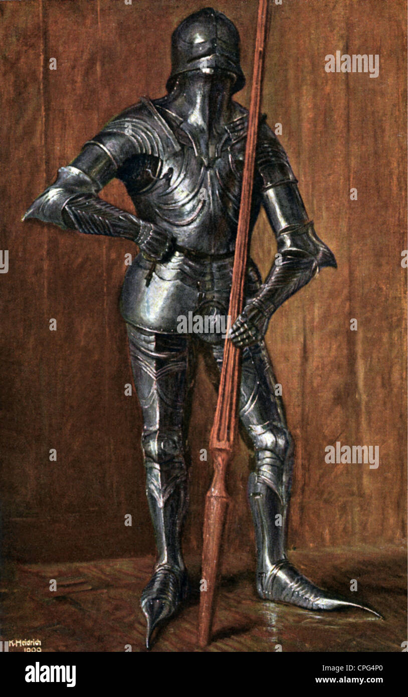 Militare, Medioevo, cavaliere in armatura gotica, 15 ° secolo, stampa dopo la pittura di K. Heidrich, 1909, diritti aggiuntivi-clearences-non disponibile Foto Stock