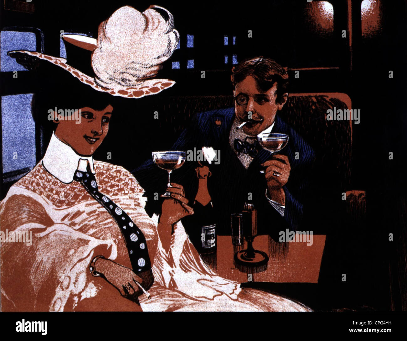 Trasporto / trasporto, ferrovia, North Express, Victor Hollaender, carrozza da pranzo, litografia, 20 ° secolo, storico, champagne, bevande, bere, passeggeri, passeggeri, treno viaggiatori, treno espresso, espresso, lusso, lusso, Signore, Signore, berlina carrozza, vista interna, interno, persone, diritti aggiuntivi-clearences-non disponibile Foto Stock