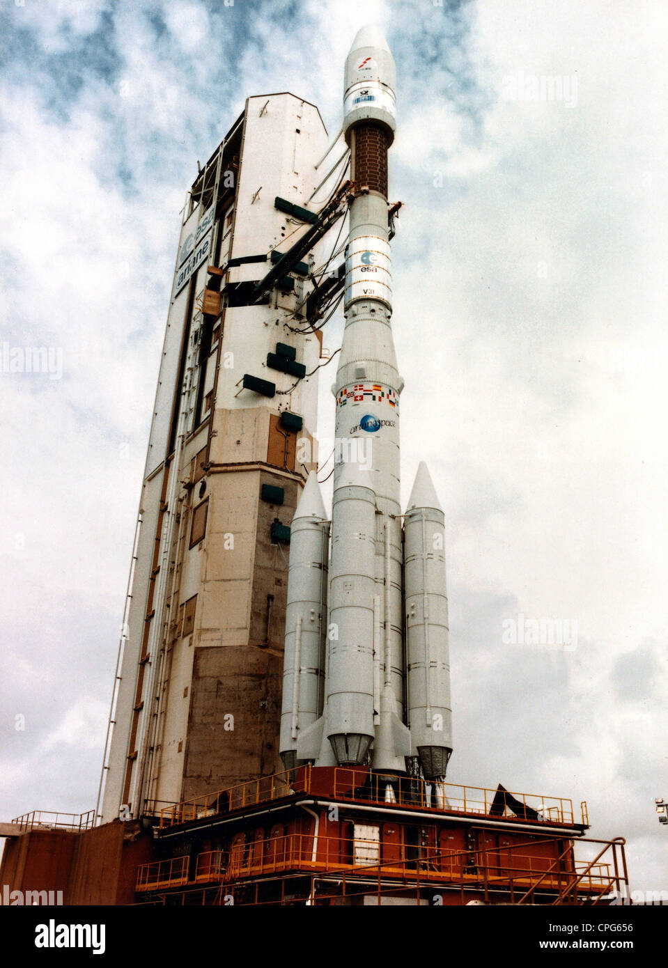 astronautica, razzo, razzo Ariane 44L booster sul piazzale di lancio, circa 1990, Additional-Rights-Clearences-non disponibile Foto Stock