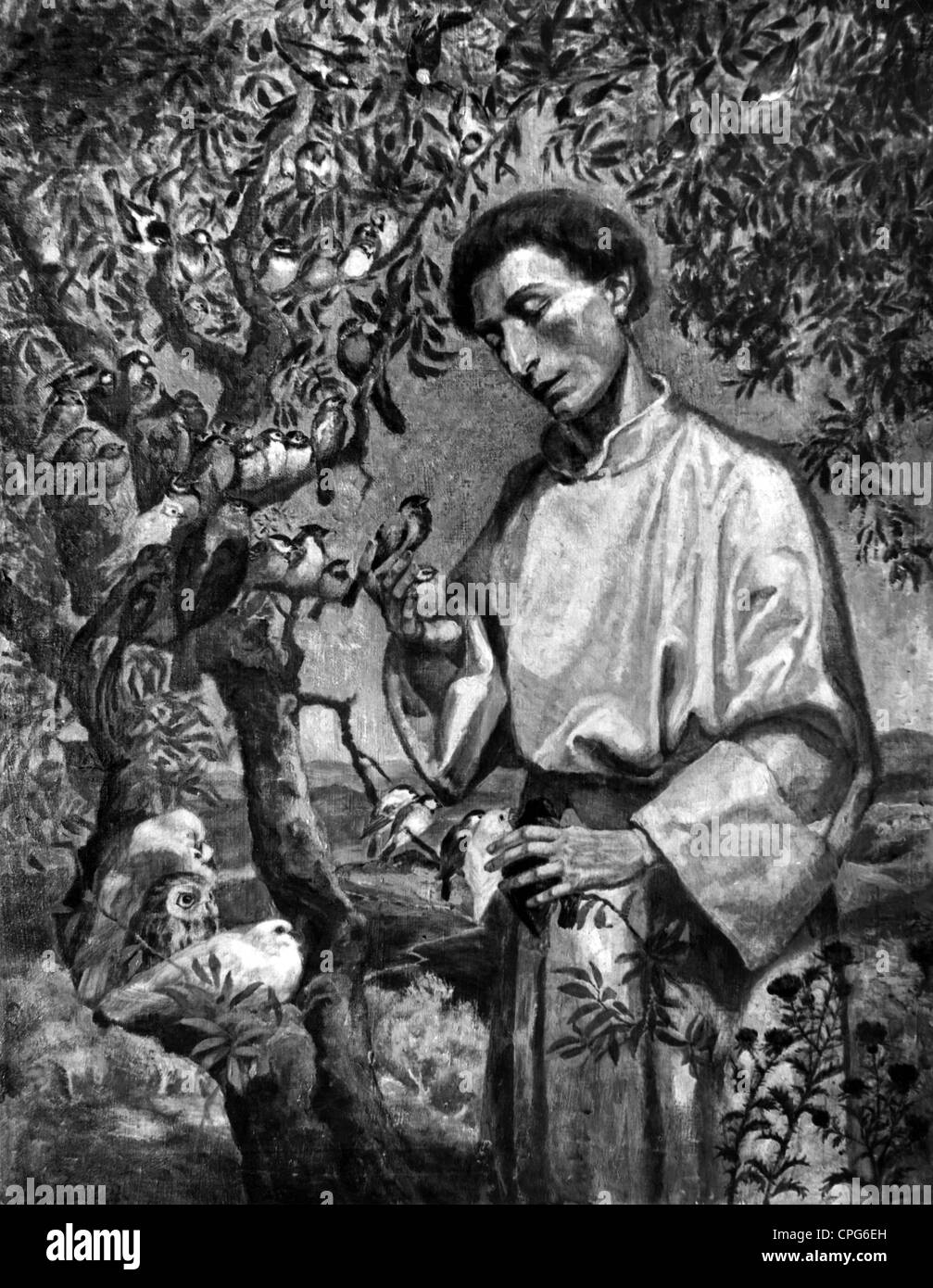 San Francesco d'Assisi, 1182 - 3.10.1226, il clero italiano, santo, a mezza lunghezza, predicando agli uccelli, dipingendo, Foto Stock