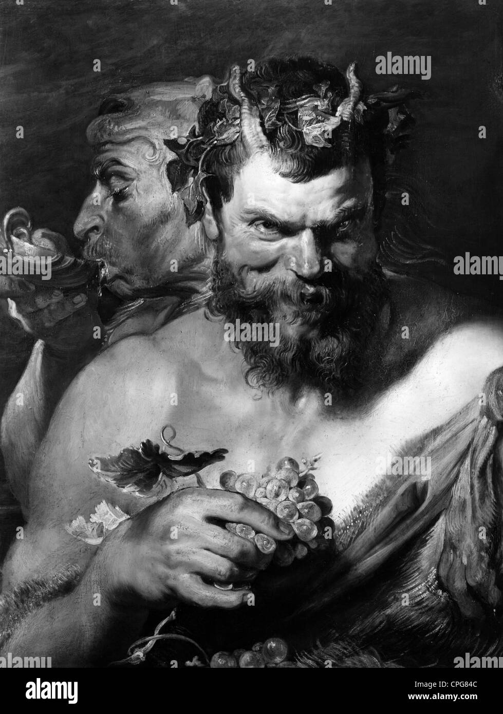Dioniso, Dio greco del vino e dell'ubriachezza, mezza lunghezza, con satiro, Foto Stock