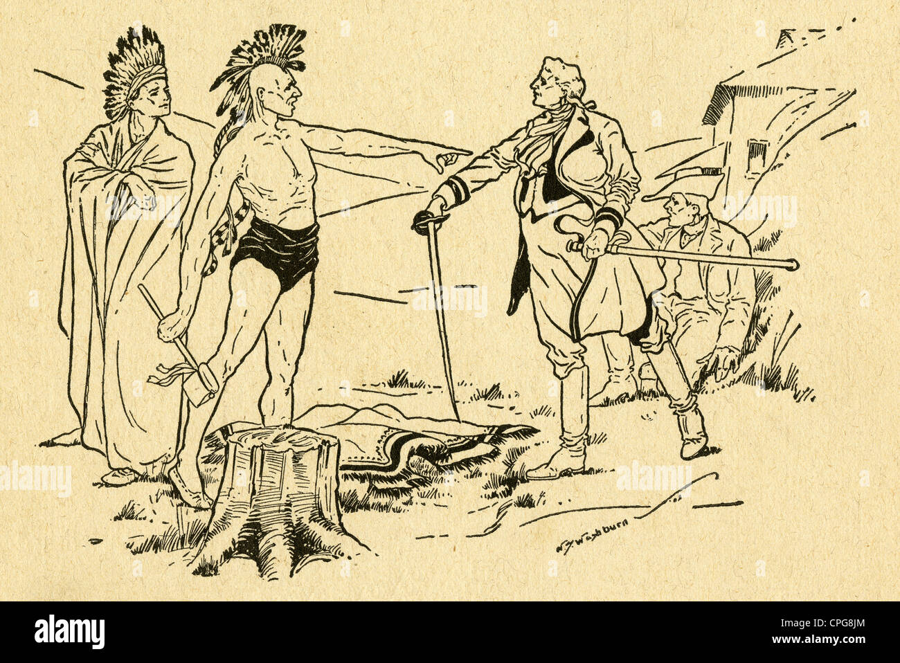 Circa novecento incisione, generale soddisfa Harrison Tecumseh, capo indiano, e non ha paura della sua minaccia di guerra. Foto Stock