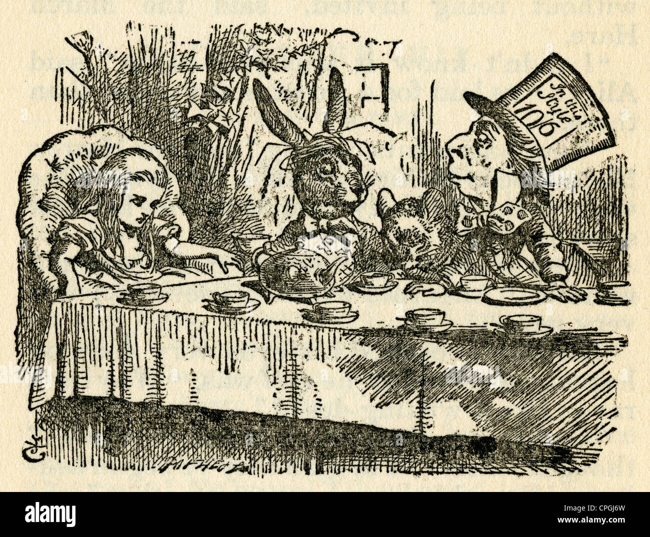 Circa 1910s edizione di Alice nel Paese delle Meraviglie. Il Mad Hatter, Marzo, la lepre e il ghiro al Mad Tea-Party da John Tenniel. Foto Stock