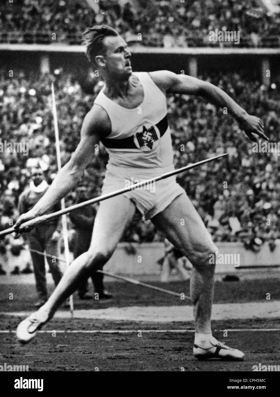 Sport, Giochi Olimpici, Berlino, 1.- 16.8.1936, atletica, lancio di giavellotto, lancio di Gerhard Stoeck (Germania), Stadio Olimpico, 6.8.1936, atleta, lanciatore di giavellotto, XI Olympiad, Giochi Olimpici estivi, Germania nazista, terzo Reich, anni trenta, XX secolo, storico, storico, persone, diritti aggiuntivi-clearences-non disponibili Foto Stock