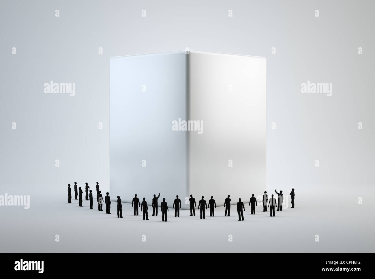 Tiny 3d persone in piedi intorno a un cubo bianco Foto Stock