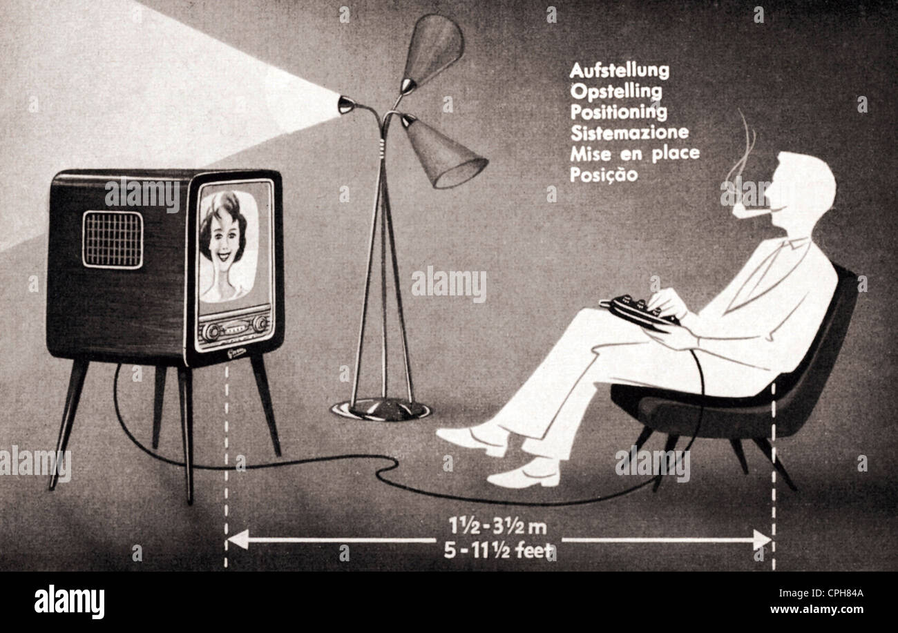 Trasmissione, televisione, manuale di istruzioni GRAETZ, corretto posizionamento del televisore Graetz Kornet con telecomando, Germania, 1957, diritti aggiuntivi-clearences-non disponibile Foto Stock