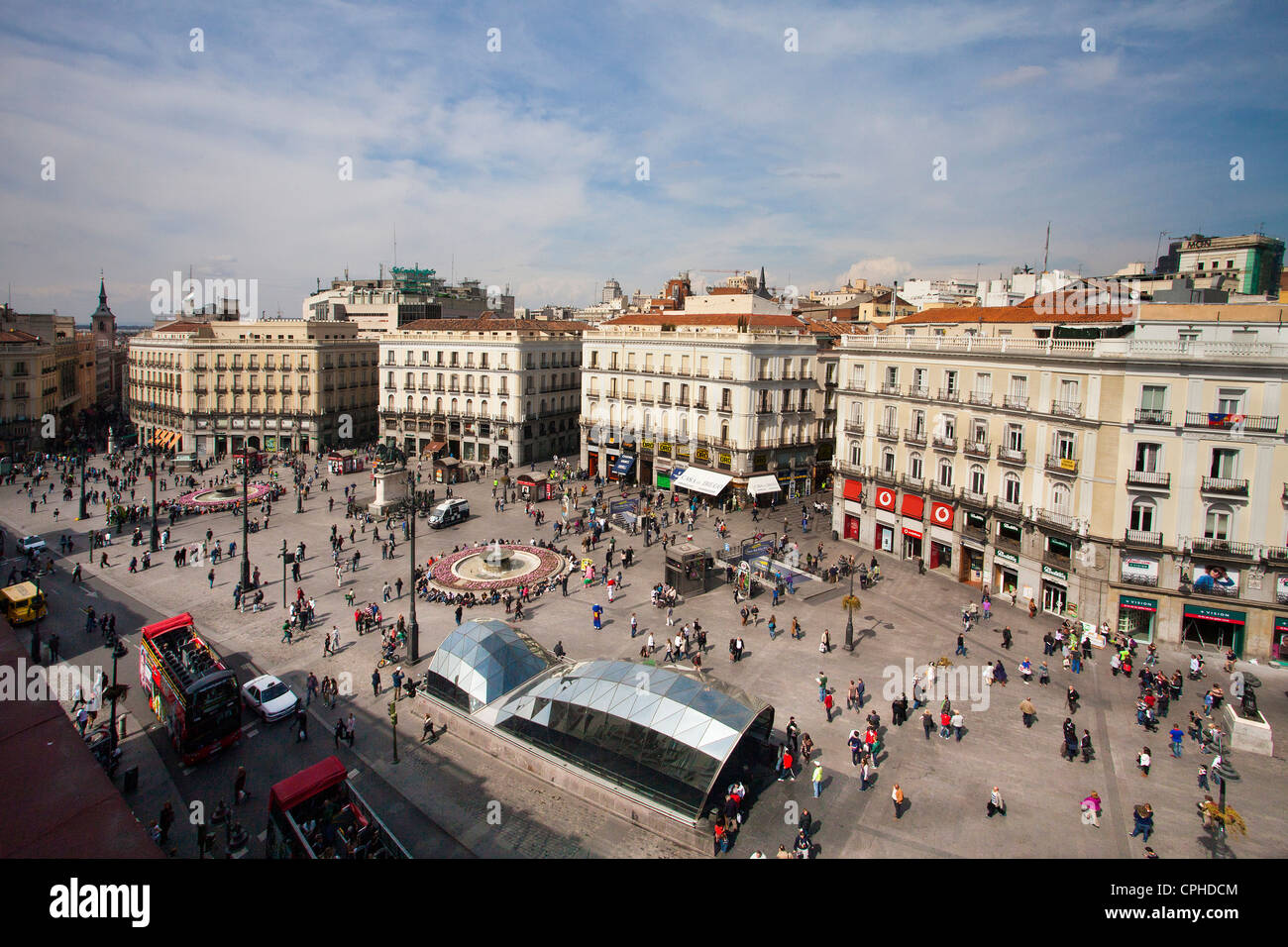 Spagna, Europa, Madrid, architettura, occupato, centrale, downtown, fontane, città, monumento, persone skyline, quadrato, simbolo turiste Foto Stock