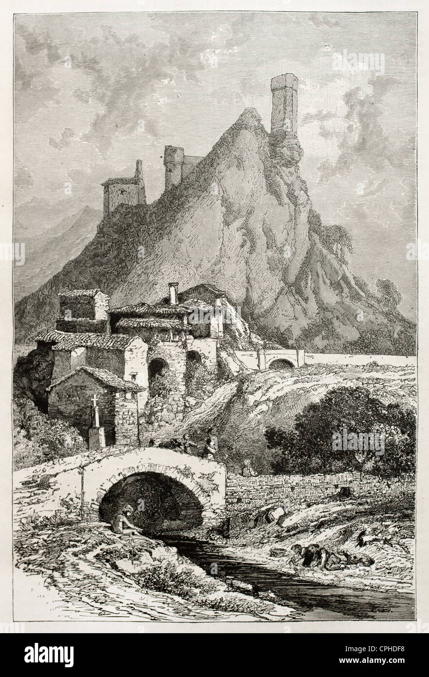 Rochecolombe vecchi, dipartimento Ardeche, Francia Foto Stock