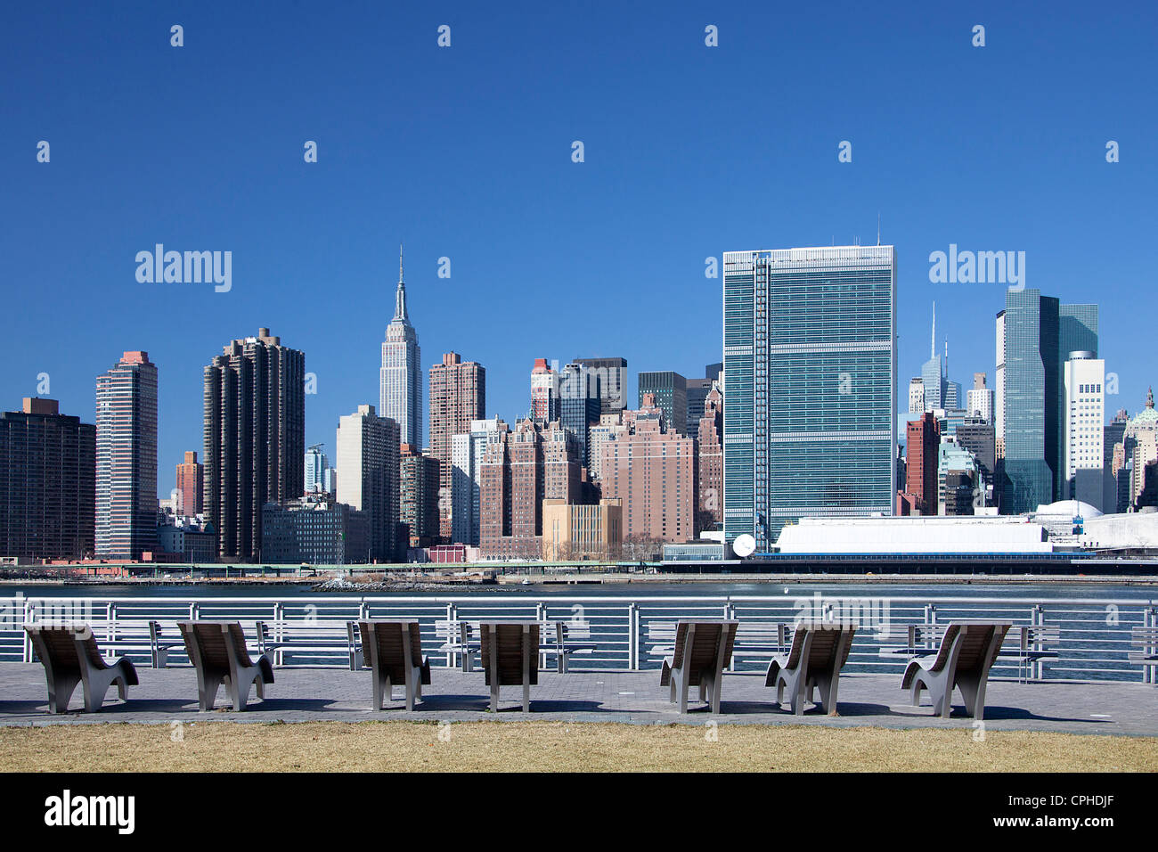 Stati Uniti d'America, Stati Uniti, America, New York, Manhattan Midtown East River, Chrysler Building Empire State Building, ONU, edificio, Foto Stock