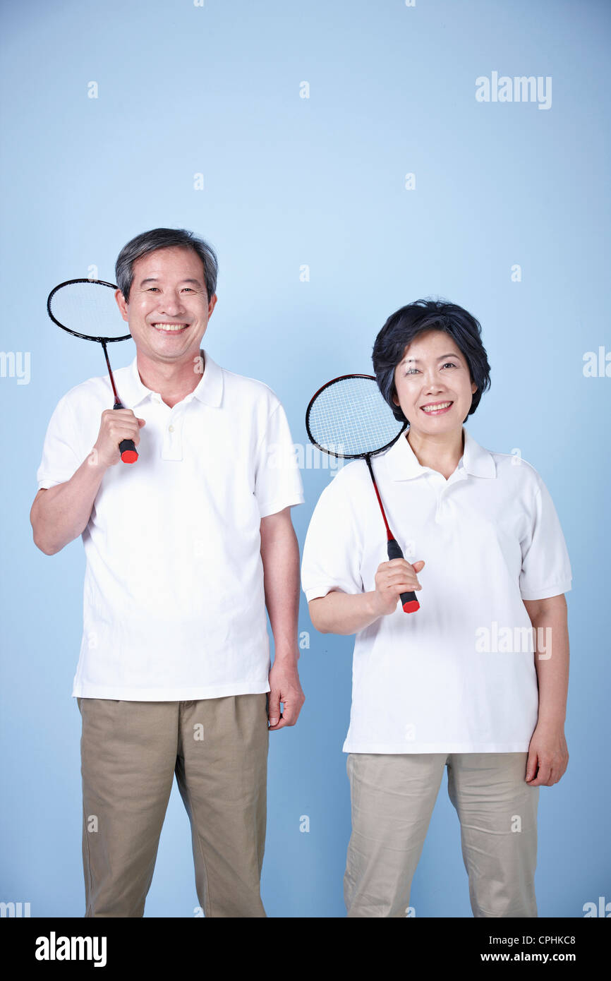 Un vecchio paio di badminton racchetta Foto Stock