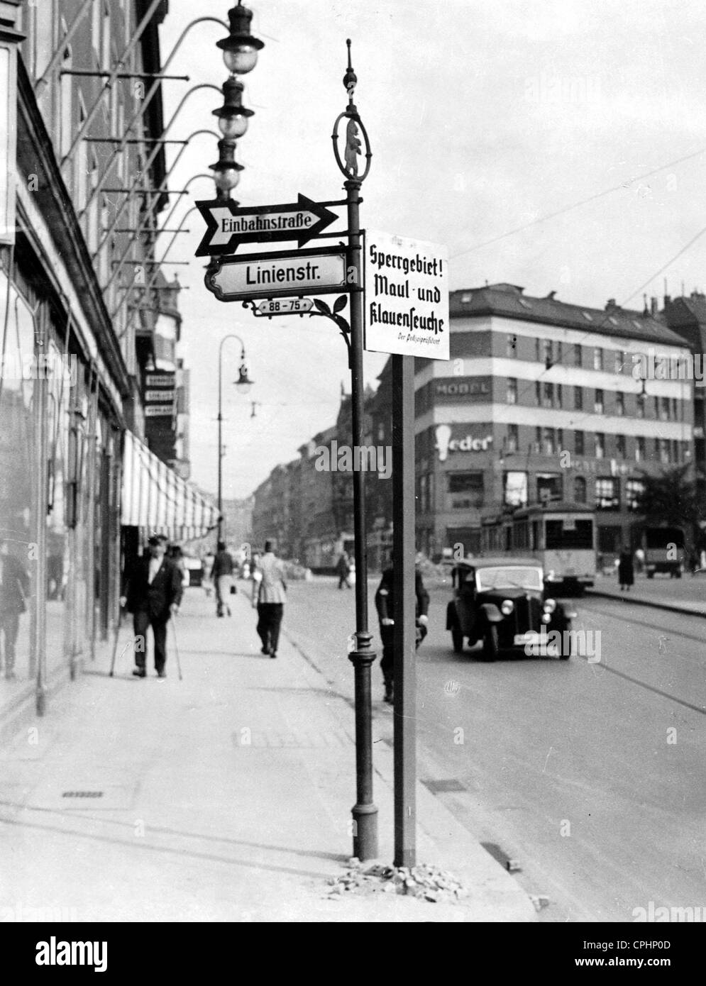 Segno che indica l'afta epizootica in Berlino, 1937 Foto Stock