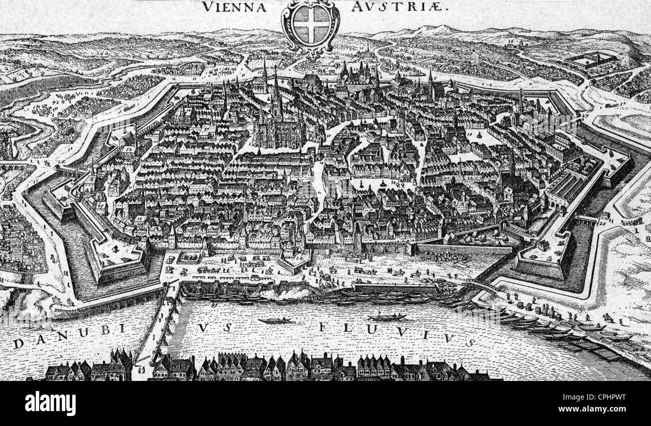 Vienna con le vecchie mura della città, 1649 Foto Stock
