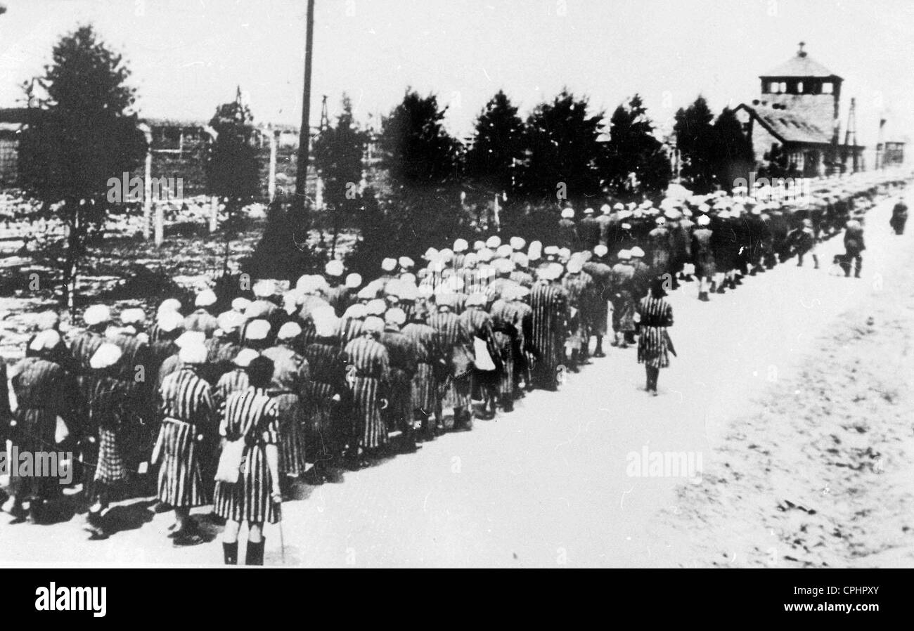 Femmina internati camp sul ritorno in marzo ad Auschwitz, a seguito di lavori forzati in una fabbrica di armi al di fuori del campo di Auschwitz, Foto Stock