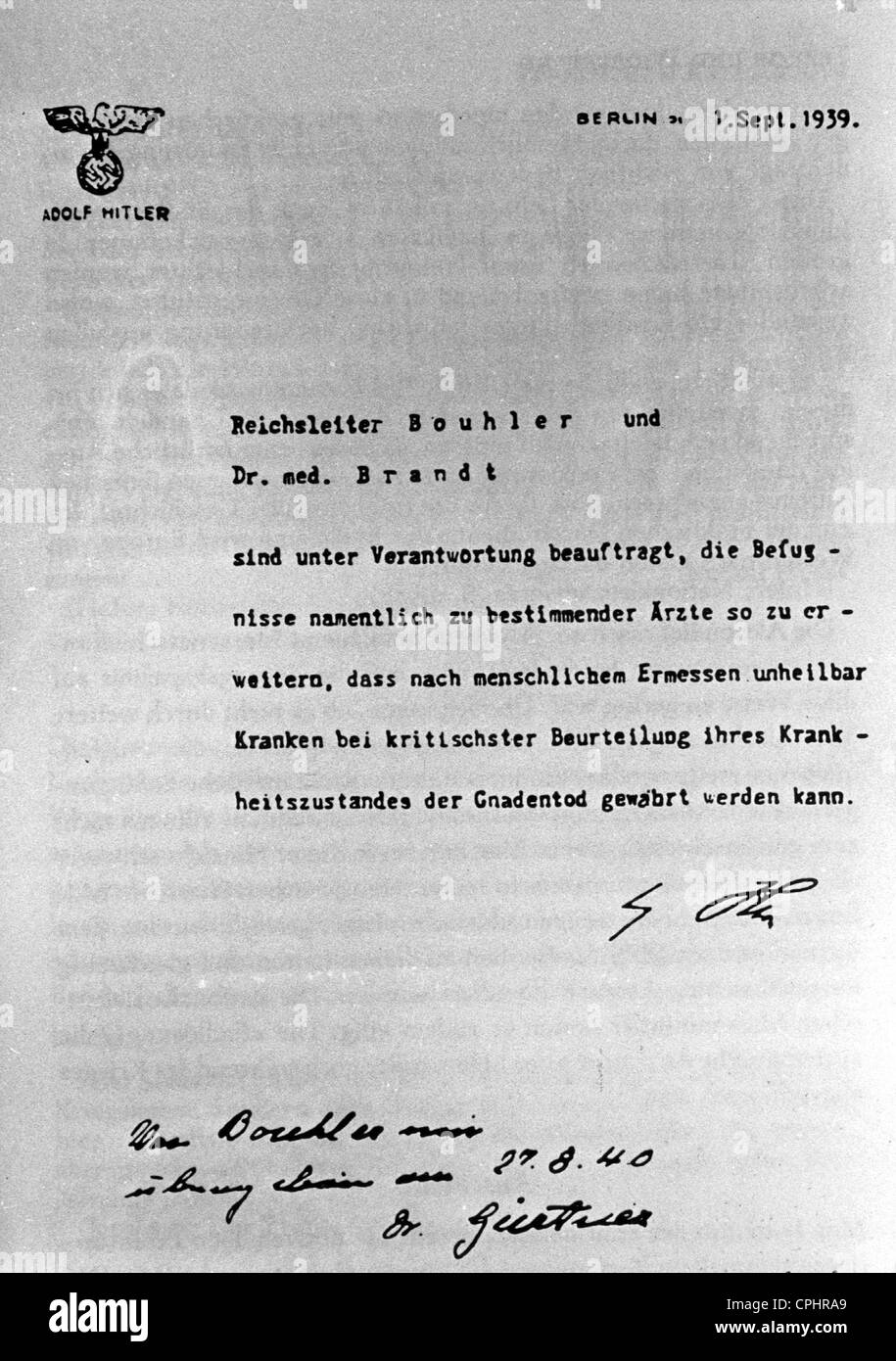 Hitler Memo segreto sul programma di eutanasia, 1939 Foto Stock