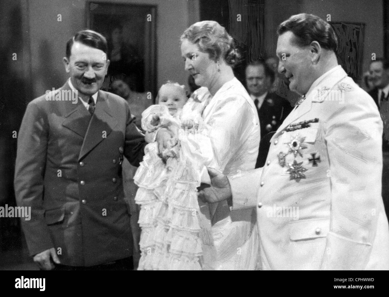 Adolf Hitler, Emmy e Hermann Goering a Edda il battesimo del 1938 Foto Stock