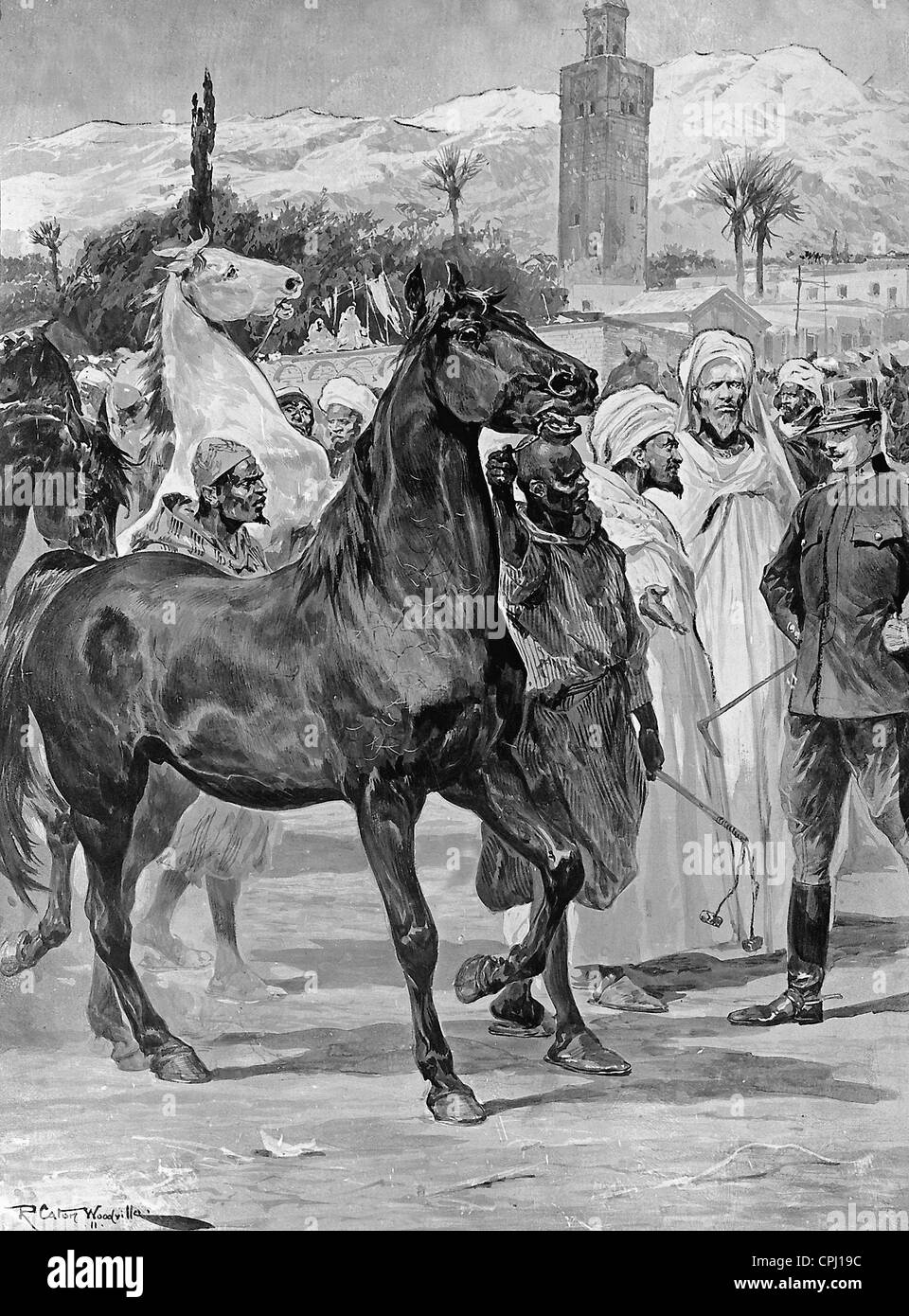Asta del cavallo davanti alle mura di Marrakech, 1911 Foto Stock