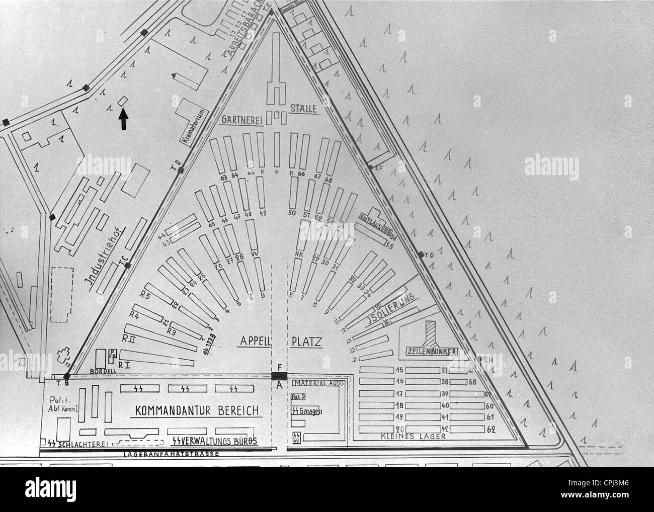 Groundplan architettonico del campo di concentramento di Sachsenhausen, Brandeburgo, 1936 (foto b/n) Foto Stock