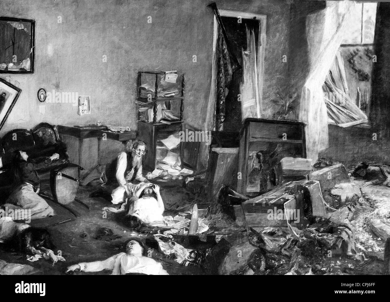 Una scena che mostra i postumi del pogrom ebreo a San Pietroburgo nel 1906, Russia, 1906 (olio su tela) (b/w photo) Foto Stock