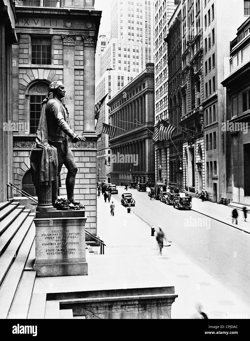 George Washington Monument nella parte anteriore della Federal Hall di Wall Street, 1933 Foto Stock