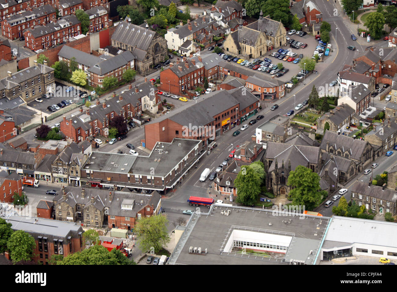 Vista aerea di piccoli negozi di Headingley, dove il nord incontra corsia di Otley Road Foto Stock