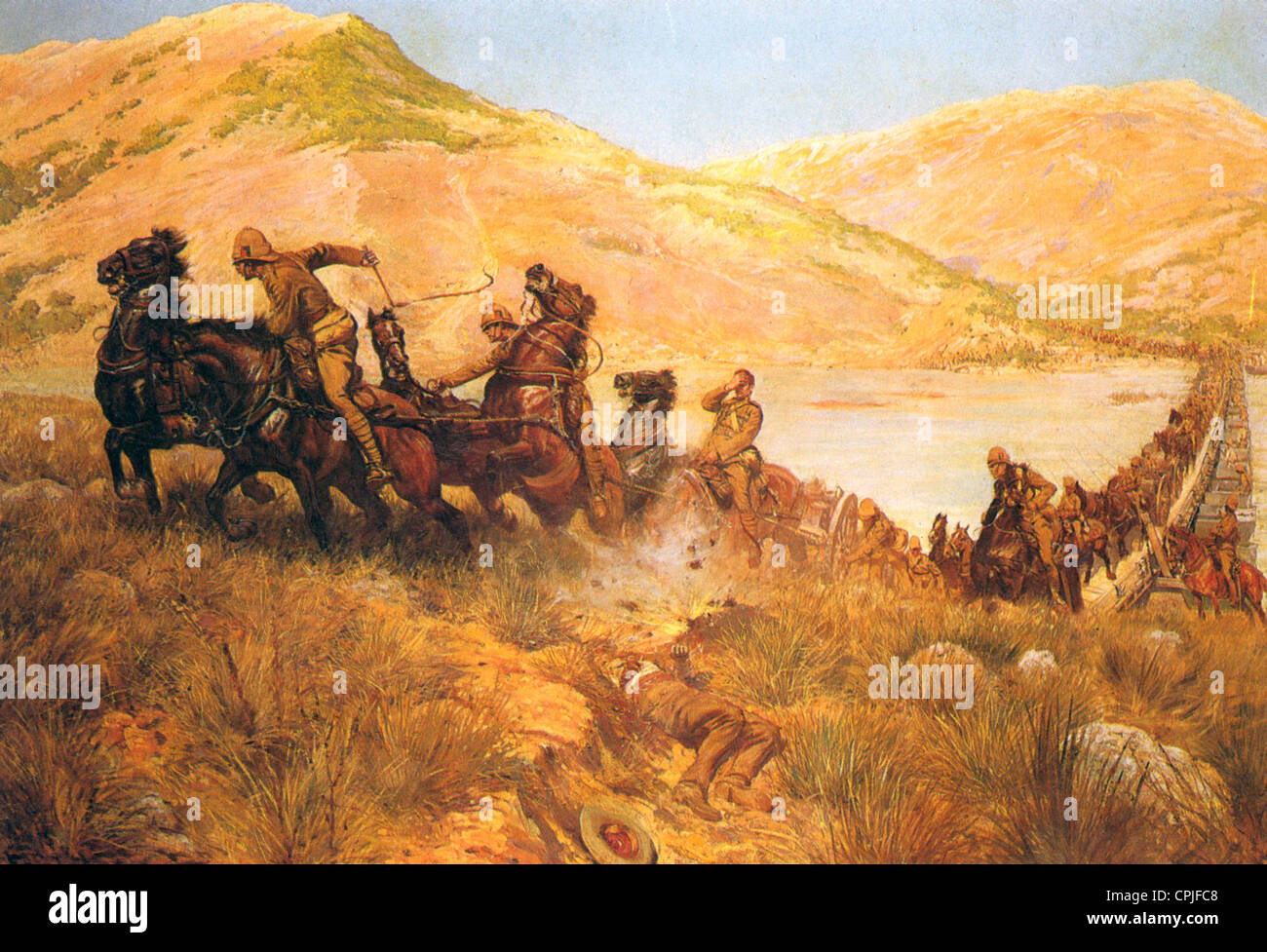 ROYAL HORSE ARTILLERY attraversare un fiume IN SUD AFRICA SOTTO IL FUOCO dipinto da George Scott nel 1900 Foto Stock