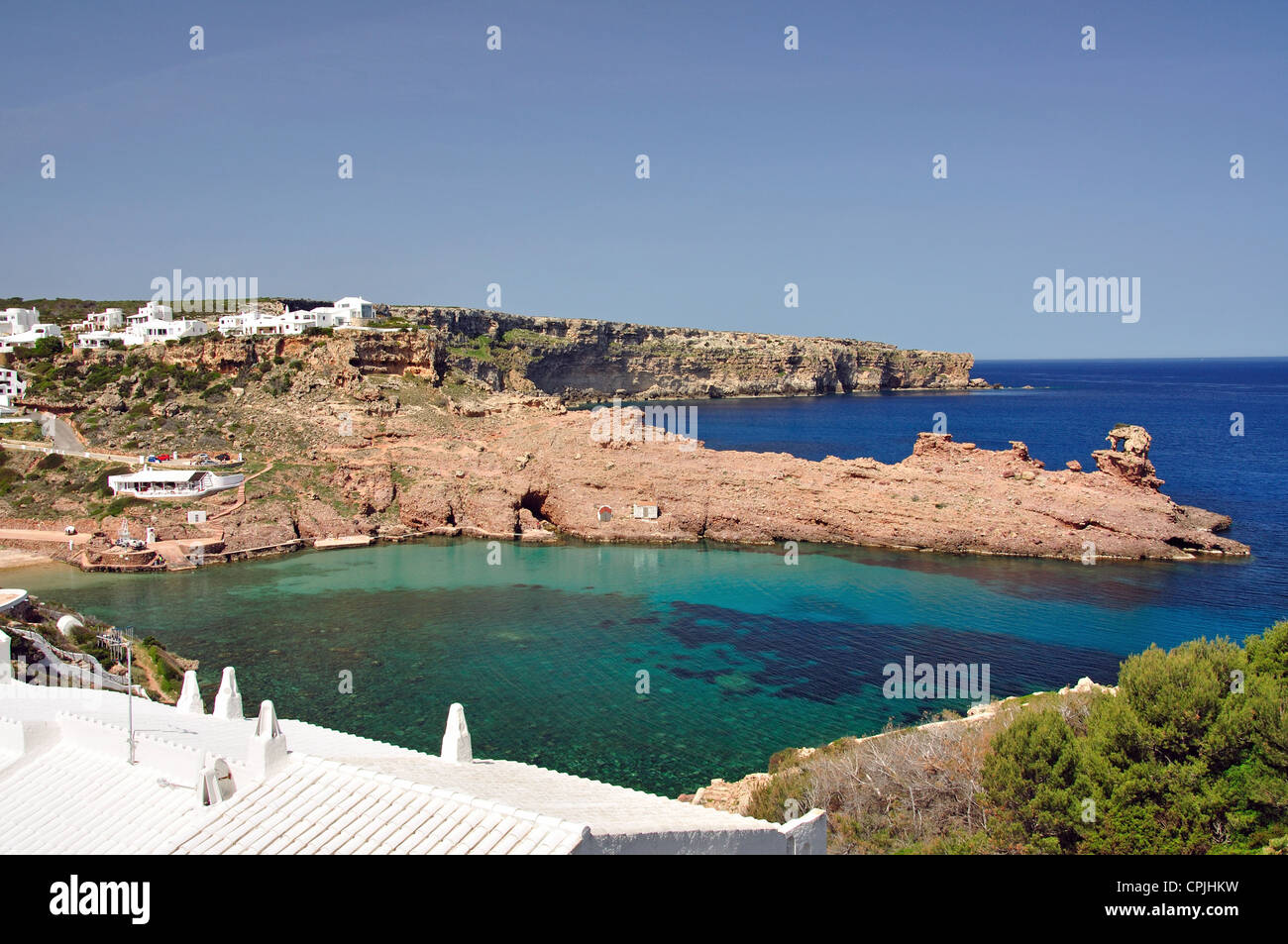 Vista della baia, Cala Morell, Menorca, isole Baleari, Spagna Foto Stock
