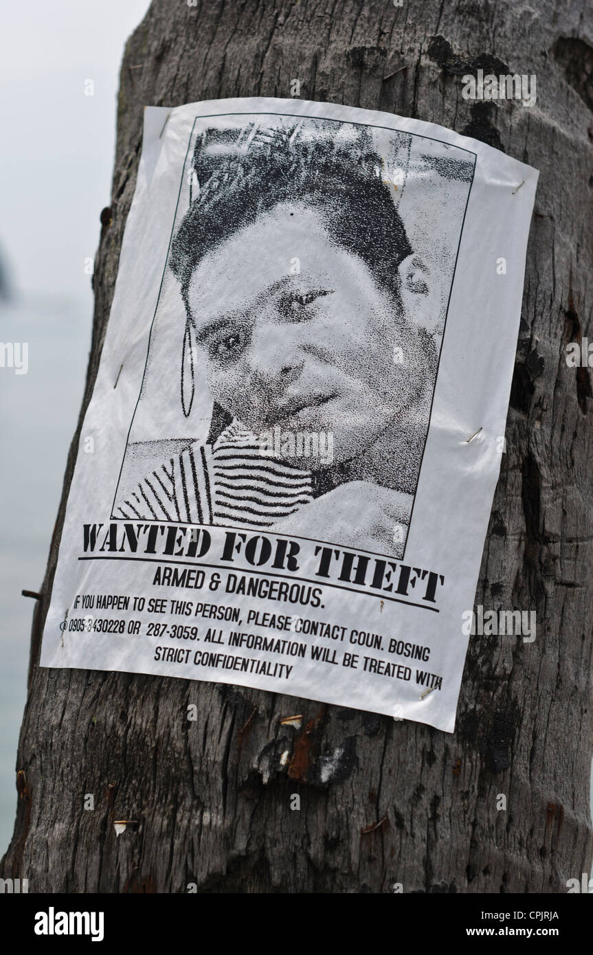 Manifesto Wanted mandato di apprensione sul palm tree filippino uomo asiatico 'Wanted per furto' 'armato e pericoloso' Sabang Philippine Foto Stock