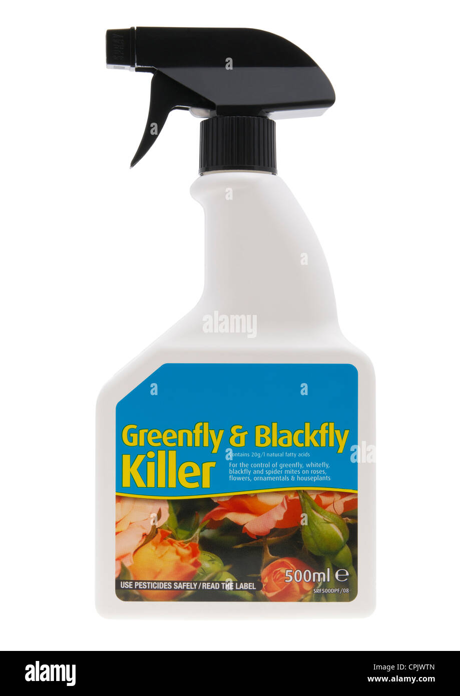 La bottiglia spray di greenfly e blackfly killer su sfondo bianco Foto Stock