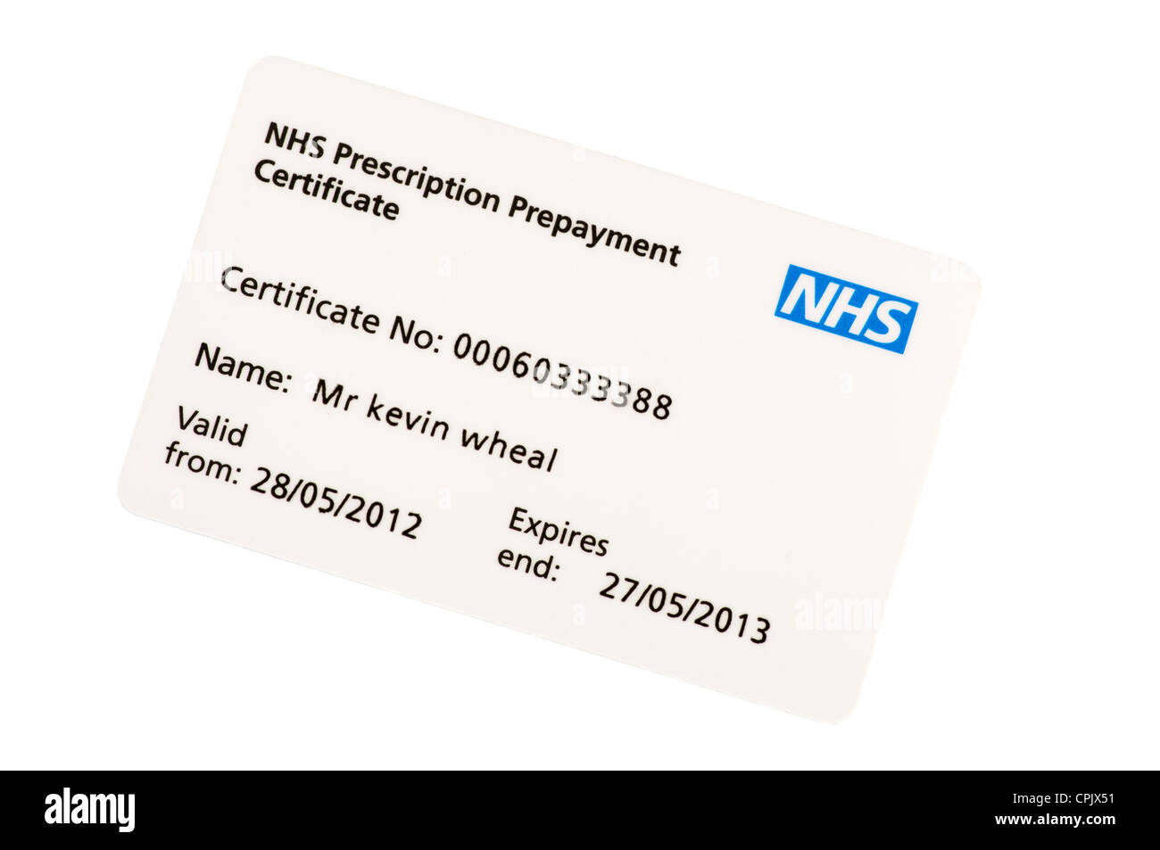 NHS Prescrizione certificato di pagamento anticipato Foto Stock