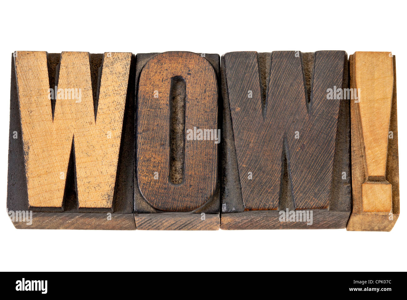 Punto esclamativo wow - parola isolata in rilievografia vintage tipo legno Foto Stock