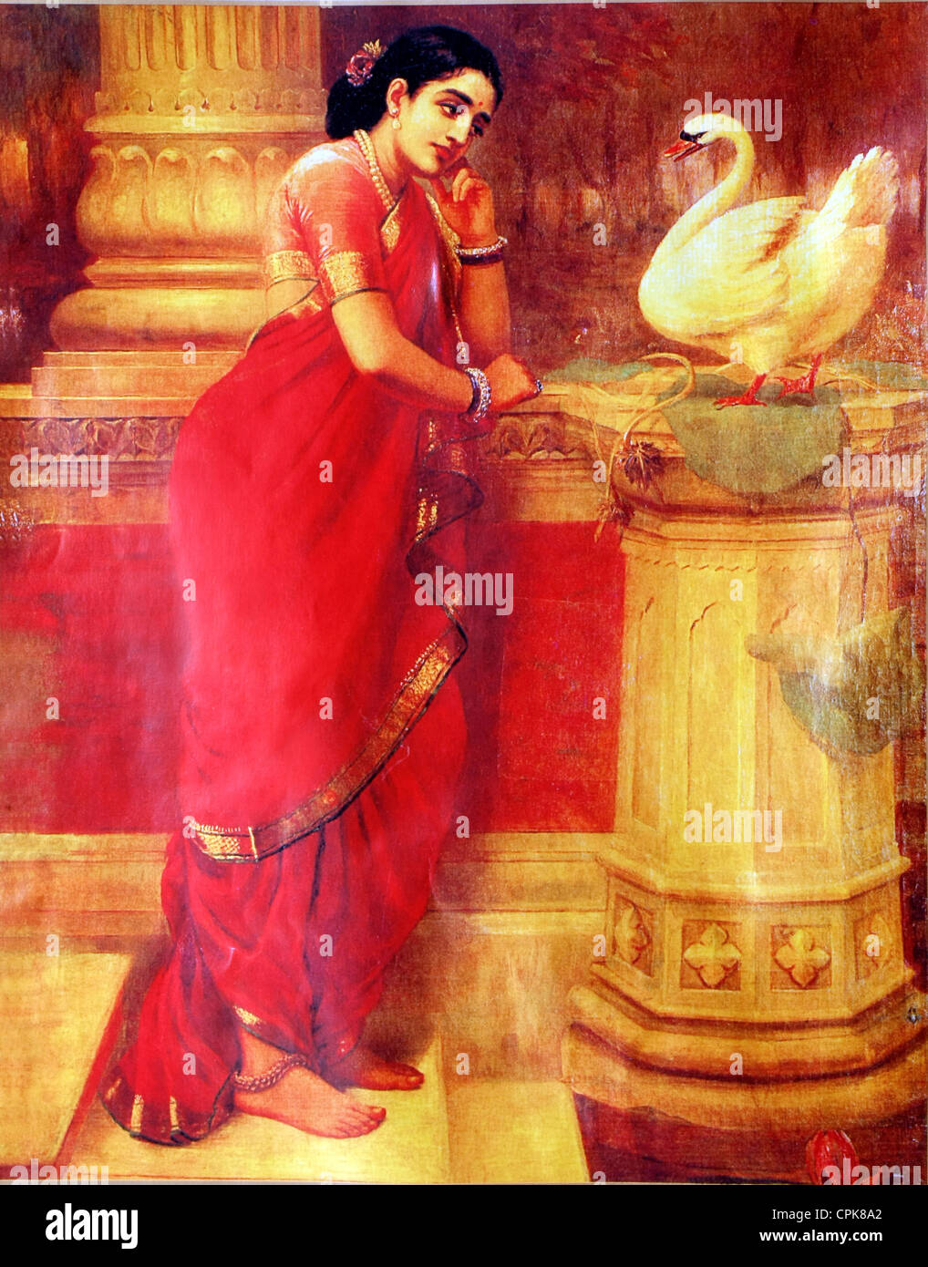 Un dipinto di raja ravi varma - Hamsa Damayanthi . La principessa Damayanthi parlando con il Cigno reale circa Nalan. Foto Stock